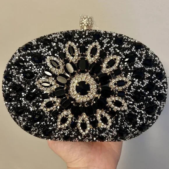 NEW Ramla Bejeweled Crystal Evening Bag Black Gold Chain Strap Top Handle Prom - Picture 1 of 11